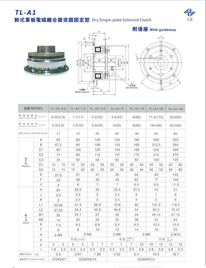 單片電磁離合器附鋁合金導座TL-A1型規格型號尺寸參數表 單片電磁離合器附鋁合金導座TL-A1型規格型號尺寸參數表